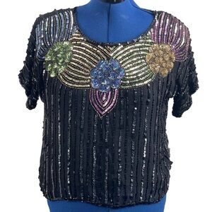 Jasmine Black 100%  Silk‎ Floral Design Sequined Beaded Dressy Evening Top M VTG
